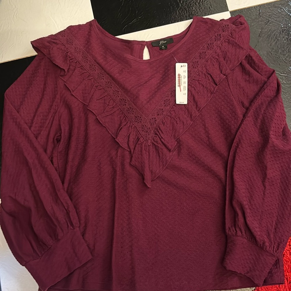 J crew women long sleeve tee with ruffle and honeycomb design M and NWT